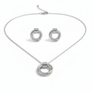 trilogy ring necklace and earring set silver