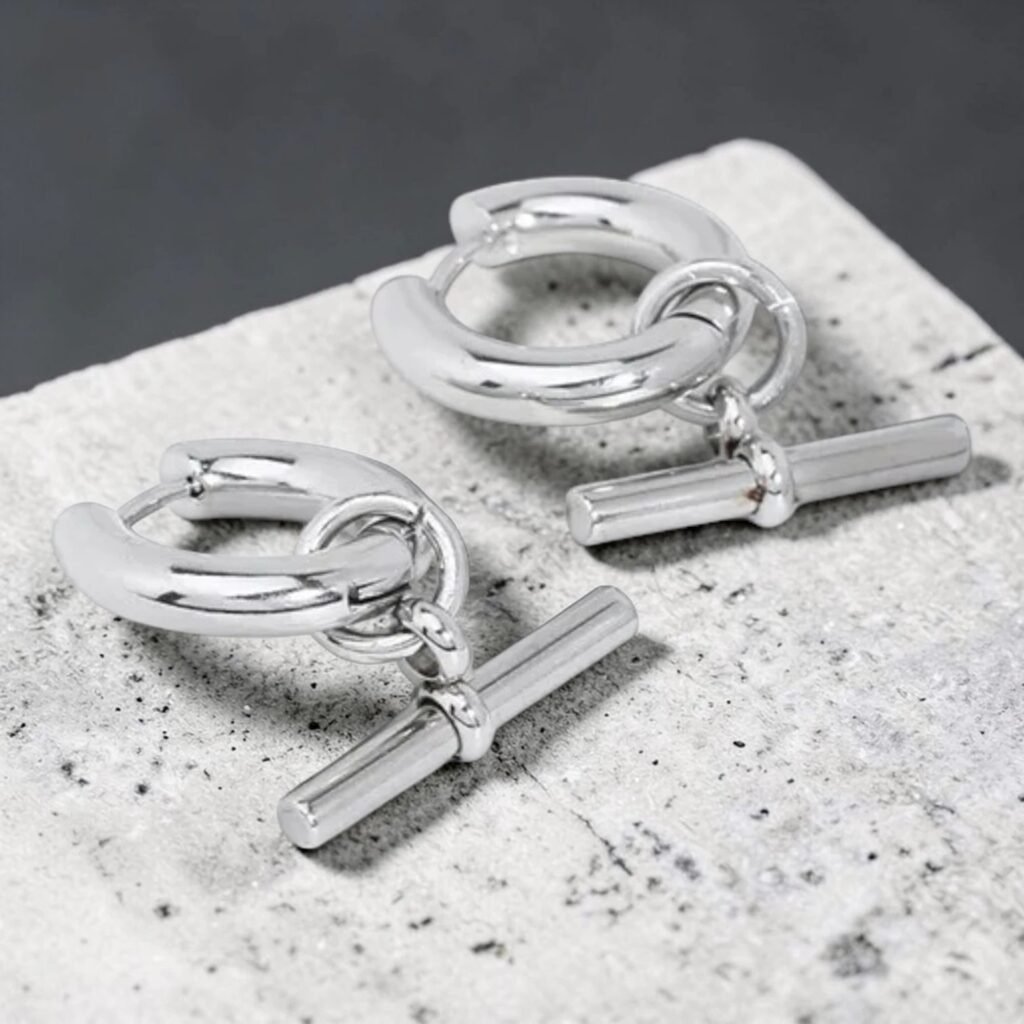 t bar hoop earrings steel silver tone
